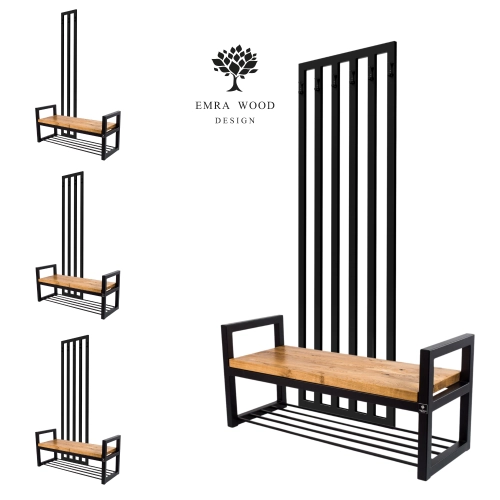 Ławka Metalowa Z Wieszakiem Loft Siedzisko Drewno Lite Dąb LM-114 Rozmiary od 50 cm do 200 cm