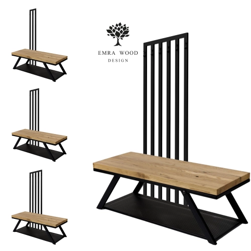 Ławka Metalowa Z Wieszakiem Loft Siedzisko Drewno Lite Dąb LM-116 Rozmiary od 50 cm do 200 cm