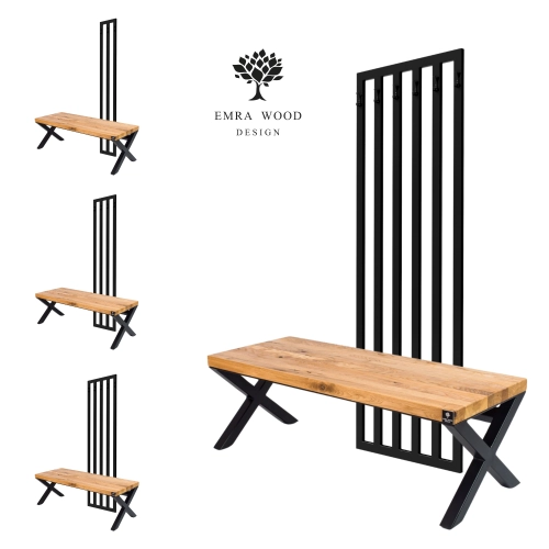 Ławka Metalowa Z Wieszakiem Loft Siedzisko Drewno Lite Dąb LM-117 Rozmiary od 50 cm do 200 cm