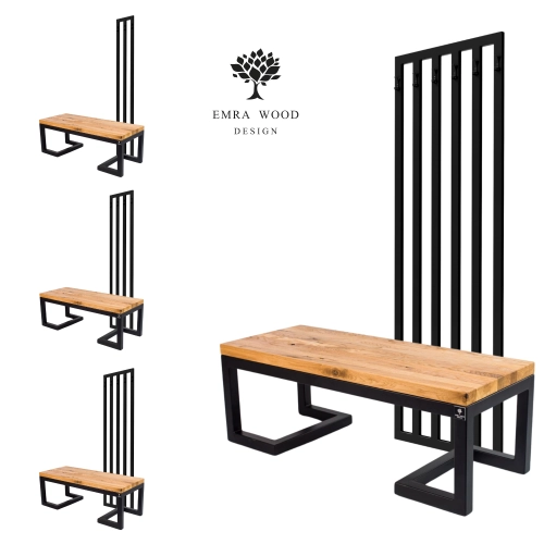 Ławka Metalowa Z Wieszakiem Loft Siedzisko Drewno Lite Dąb LM-119 Rozmiary od 50 cm do 200 cm