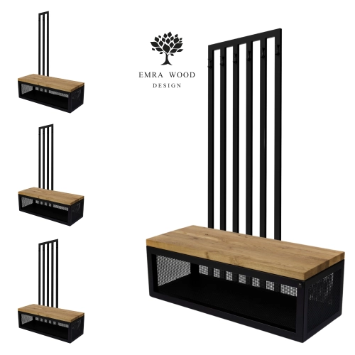 Ławka Metalowa Z Wieszakiem Loft Siedzisko Drewno Lite Dąb LM-72 Rozmiary od 50 cm do 200 cm