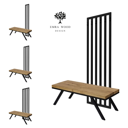 Ławka Metalowa Z Wieszakiem Loft Siedzisko Drewno Lite Dąb LM-79 Rozmiary od 50 cm do 200 cm