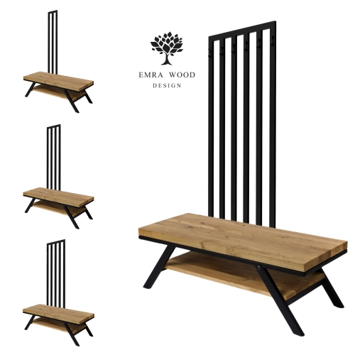 Ławka Metalowa Z Wieszakiem Loft Siedzisko Drewno Lite Dąb LM-81 Rozmiary od 50 cm do 200 cm