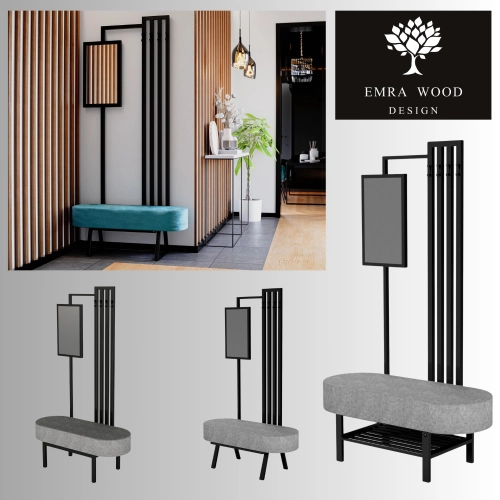 Ławki metalowe industrialne siedzisko gładkie owalne z wieszakiem i lustrem