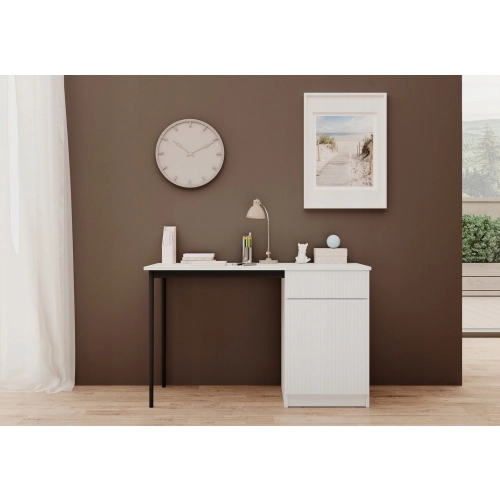 Biurko Nicole 120 cm z szufladą - biały mat / czarne nóżki