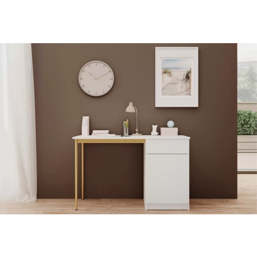 Biurko Nicole 120 cm z szufladą - biały mat / złote nóżki