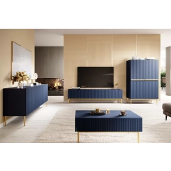 Komoda Nicole 200 cm z ryflowanym frontem i metalowymi nogami - granat / złote nóżki - Limitowana oferta