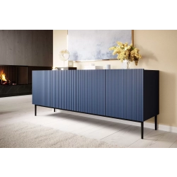 Komoda Nicole 200 cm z ryflowanym frontem i metalowymi nogami - granat / czarne nóżki - Limitowana oferta