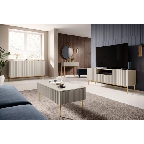 Komoda Nicole 150 cm trzydrzwiowa z ryflowanym frontem - granat / złote nóżki - Limitowana oferta