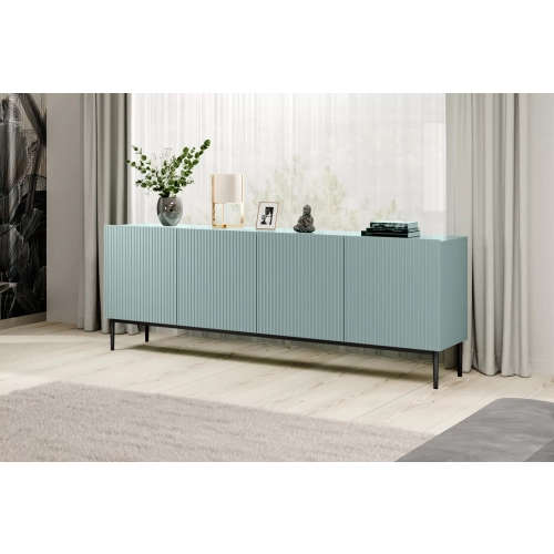 Komoda Nicole 200 cm z ryflowanym frontem i metalowymi nogami- szałwia / czarne nóżki - Limitowana oferta