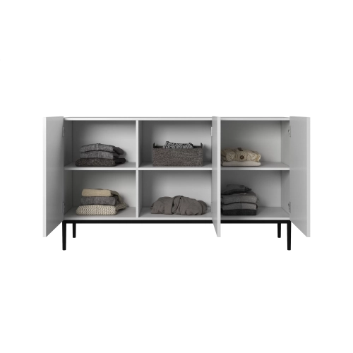 Komoda Nicole 150 cm trzydrzwiowa z ryflowanym frontem - biały mat / czarne nóżki