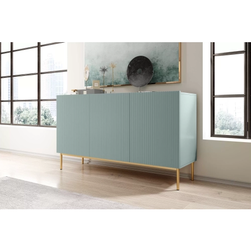 Komoda Nicole 150 cm trzydrzwiowa z ryflowanym frontem - szałwia / złote nóżki - Limitowana oferta