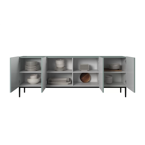 Komoda Nicole 200 cm z ryflowanym frontem i metalowymi nogami- szałwia / czarne nóżki - Limitowana oferta