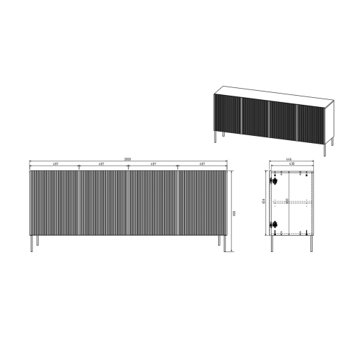 Komoda Nicole 200 cm z ryflowanym frontem i metalowymi nogami- szałwia / czarne nóżki - Limitowana oferta