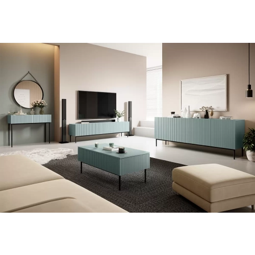 Komoda Nicole 200 cm z ryflowanym frontem i metalowymi nogami- szałwia / czarne nóżki - Limitowana oferta