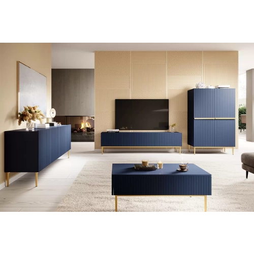 Komoda Nicole 200 cm z ryflowanym frontem i metalowymi nogami - granat / złote nóżki - Limitowana oferta