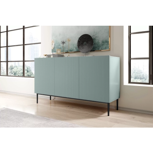Komoda Nicole 150 cm trzydrzwiowa z ryflowanym frontem - szałwia / czarne nóżki - Limitowana oferta