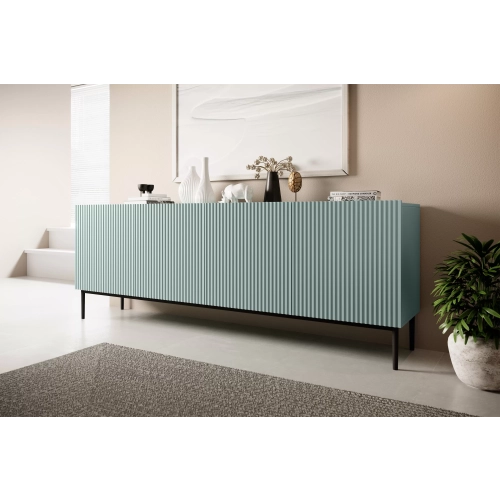 Komoda Nicole 200 cm z ryflowanym frontem i metalowymi nogami- szałwia / czarne nóżki - Limitowana oferta