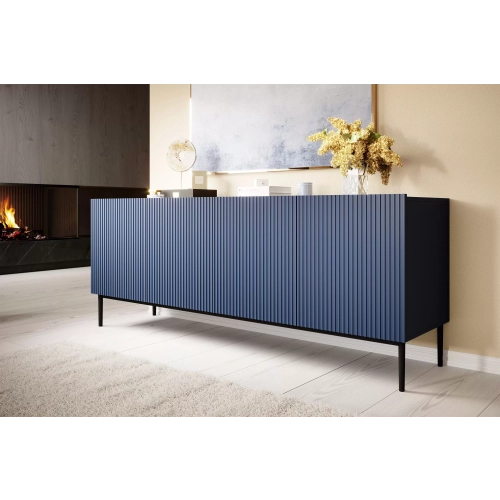 Komoda Nicole 200 cm z ryflowanym frontem i metalowymi nogami - granat / czarne nóżki - Limitowana oferta