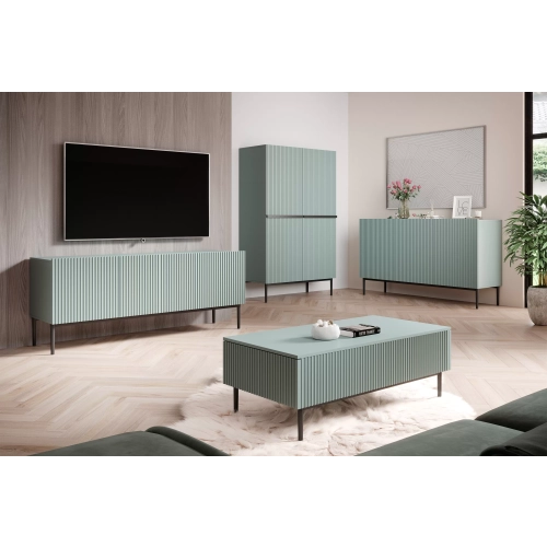 Komoda Nicole 150 cm trzydrzwiowa z ryflowanym frontem - szałwia / czarne nóżki - Limitowana oferta