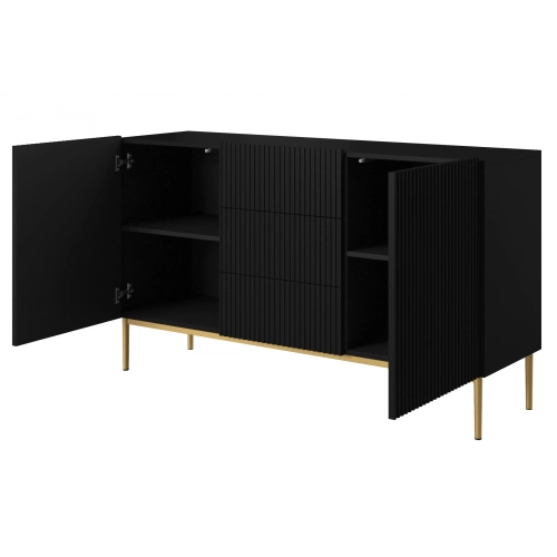 Komoda Nicole 150 cm z szufladami i półkami - czarny mat / złote nóżki