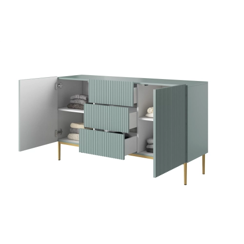 Komoda Nicole 150 cm z szufladami i półkami - szałwia / złote nóżki - Limitowana oferta