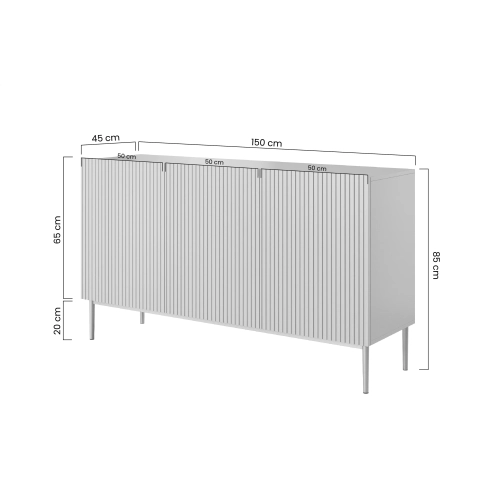 Komoda Nicole 150 cm trzydrzwiowa z ryflowanym frontem - biały mat / czarne nóżki
