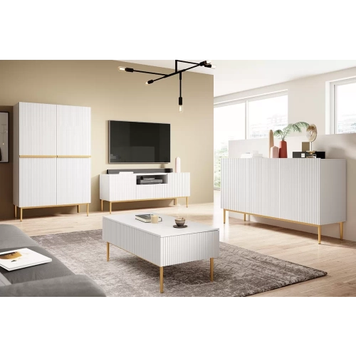 Komoda Nicole 150 cm trzydrzwiowa z ryflowanym frontem - granat / złote nóżki - Limitowana oferta