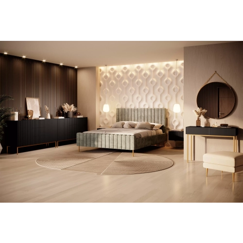 Komoda Nicole 150 cm z szufladami i półkami - czarny mat / złote nóżki