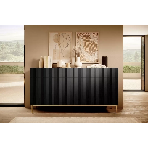 Komoda z szufladami Nicole 200 cm - czarny mat / złote nóżki