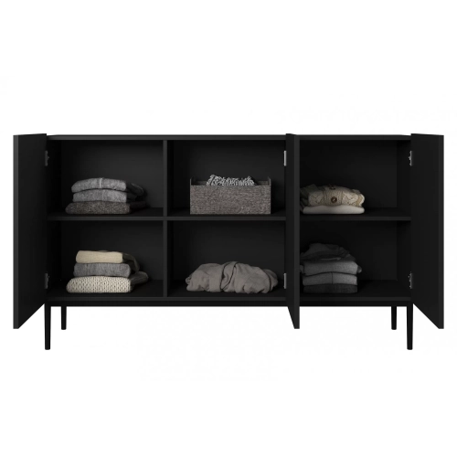 Komoda Nicole 150 cm trzydrzwiowa z ryflowanym frontem - czarny mat / czarne nóżki