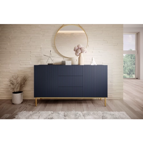 Komoda Nicole 150 cm z szufladami i półkami - granat / złote nóżki - Limitowana oferta