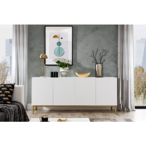 Komoda Nicole 200 cm na metalowych nogach - biały mat / złote nóżki