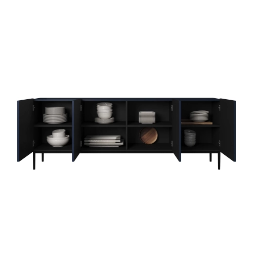 Komoda Nicole 200 cm z ryflowanym frontem i metalowymi nogami - granat / czarne nóżki - Limitowana oferta