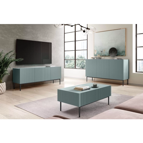 Komoda Nicole 150 cm trzydrzwiowa z ryflowanym frontem - szałwia / czarne nóżki - Limitowana oferta