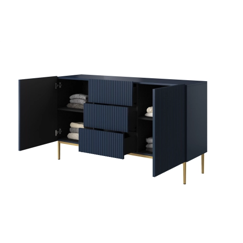 Komoda Nicole 150 cm z szufladami i półkami - granat / złote nóżki - Limitowana oferta