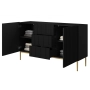 Komoda Nicole 150 cm z szufladami i półkami - czarny mat / złote nóżki