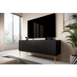Szafka RTV Nicole 150 cm na metalowych nogach z szufladą - czarny mat / złote nóżki