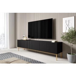 Szafka RTV Nicole 200 cm na metalowych nogach z szufladą - czarny mat / złote nóżki