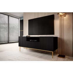 Szafka RTV Nicole 150 cm z szufladą i wnęką - czarny mat / złote nóżki
