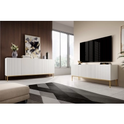 Szafka RTV z szufladą Nicole 200 cm - biały mat / złote nóżki