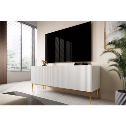 Szafka RTV Nicole 150 cm na metalowych nogach z szufladą - biały mat / złote nóżki