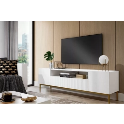 Szafka RTV Nicole 200 cm z wnęką i szufladami - biały mat / złote nóżki