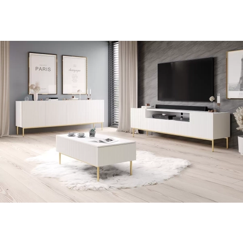 Szafka RTV Nicole 200 cm z wnęką i szufladami - biały mat / złote nóżki