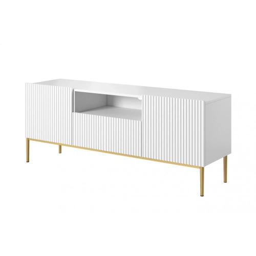 Szafka RTV Nicole 150 cm z szufladą i wnęką - biały mat / złote nóżki
