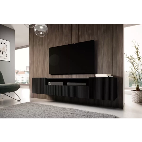 Szafka RTV wisząca Nicole 200 cm z wnęką i szufladami - czarny / czarny mat
