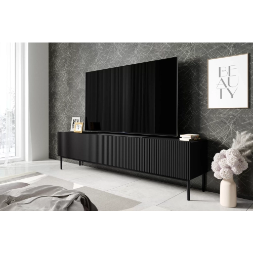 Szafka RTV Nicole 200 cm na metalowych nogach z szufladą - czarny mat / czarne nóżki