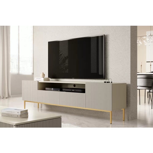 Szafka RTV Nicole 200 cm z wnęką i szufladami - kaszmir / złote nóżki