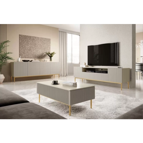 Szafka RTV Nicole 200 cm z wnęką i szufladami - kaszmir / złote nóżki