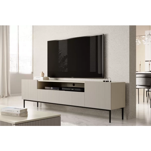 Szafka RTV Nicole 200 cm z wnęką i szufladami - kaszmir / czarne nóżki